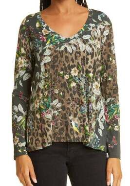 Johnny Was Floral Leopard Print V-Neck Long Sleeve Top Size XXS